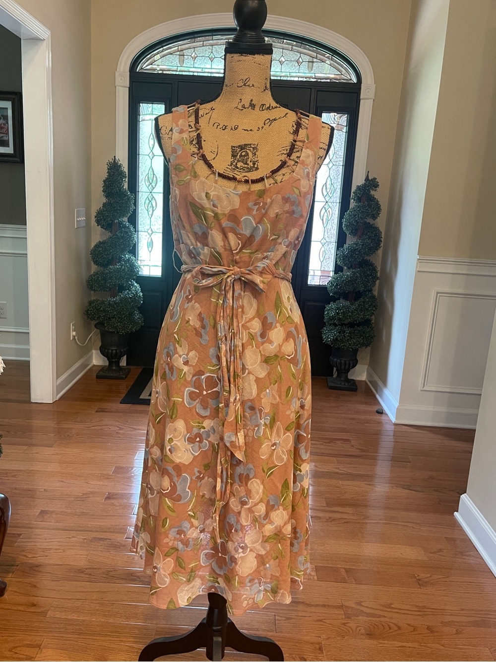 Vintage Adrianna Papell watercolor tan floral brown beaded neckline Dress 10